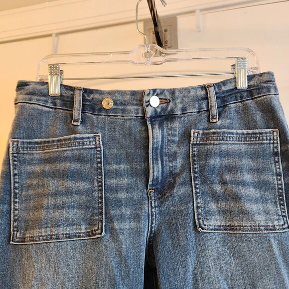 Express 70's Flare Mid Rise Jeans Stretch Denim Retro Size L Short (12/14/16) - Picture 2 of 5